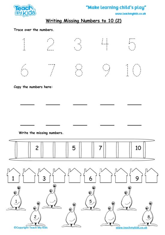 Worksheets for kids - writing missing numbers to 10-2